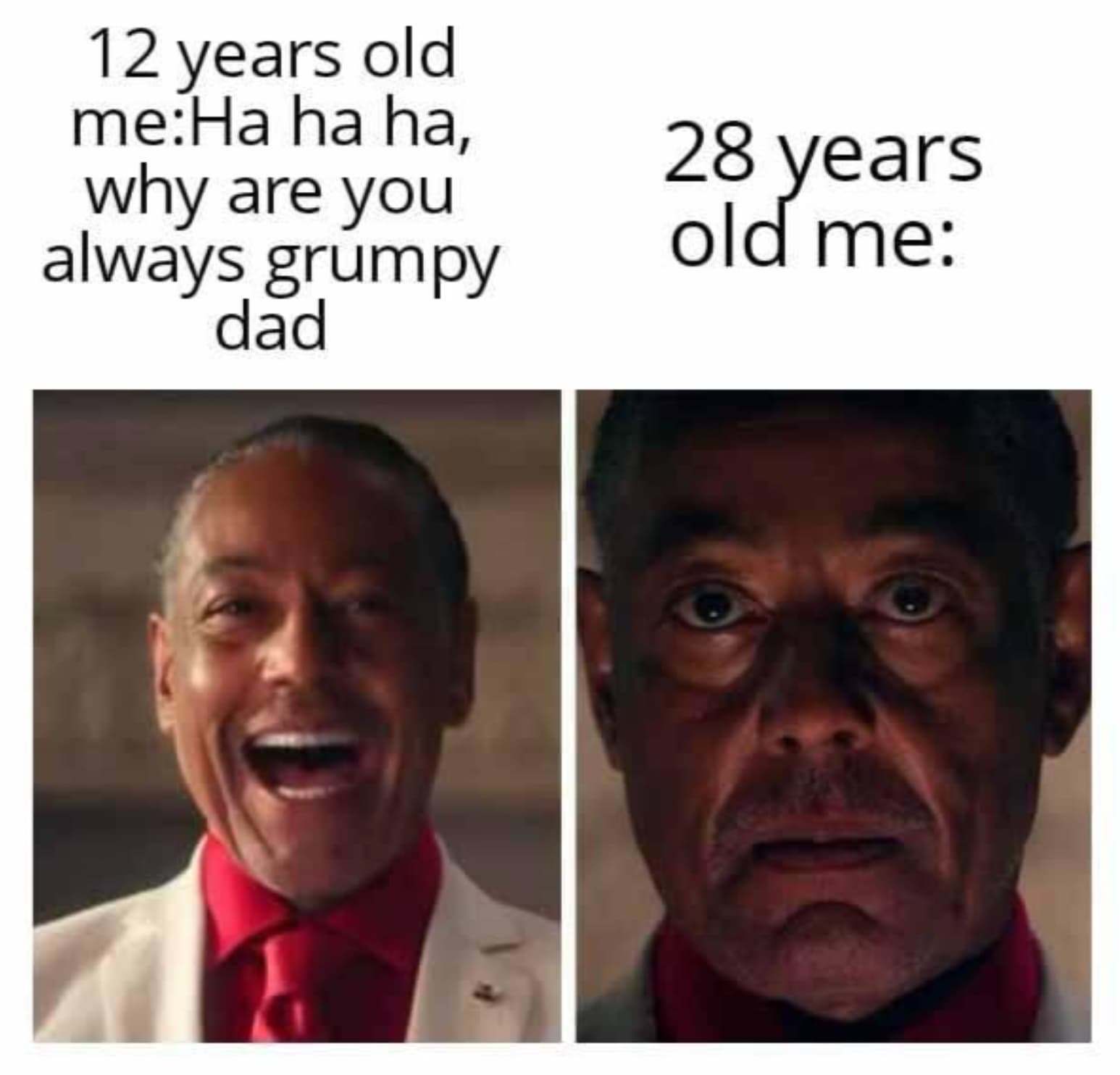 logic meme - 12 years old meHa ha ha, why are you always grumpy dad 28 years old me